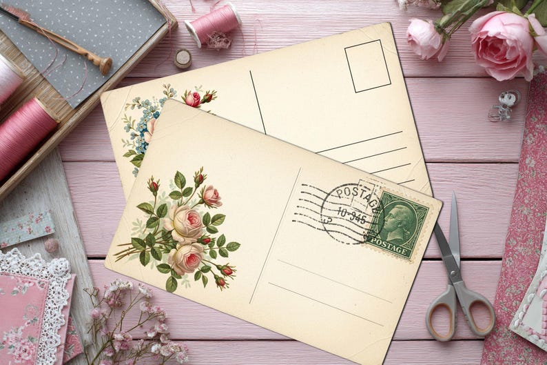 May include: Two vintage postcards with floral designs, one featuring roses and the other blue flowers. A green postage stamp is visible on one postcard. The scene includes scissors, spools of pink thread, and decorative elements.