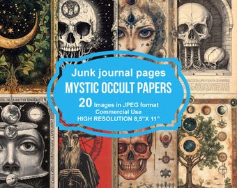 Papeles digitales místicos y ocultos: páginas de diario de brujas, efímeras imprimibles de estética oscura para scrapbooking y manualidades con grimorios.