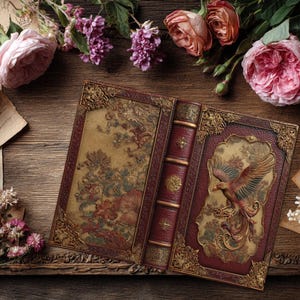 May include: An open, antique book with a red leather spine and cover, featuring a detailed illustration of a phoenix. The book is surrounded by pink and purple roses, vintage paper, and a pocket watch on a wooden surface.