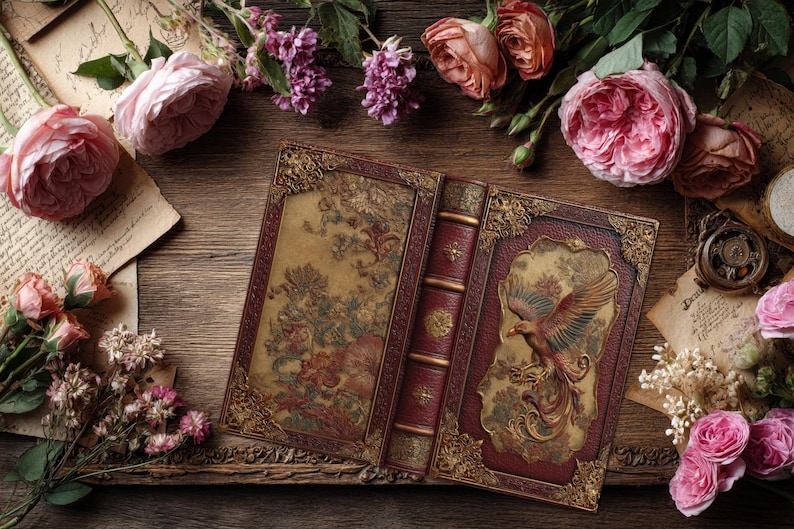 May include: An open, antique book with a red leather spine and cover, featuring a detailed illustration of a phoenix. The book is surrounded by pink and purple roses, vintage paper, and a pocket watch on a wooden surface.