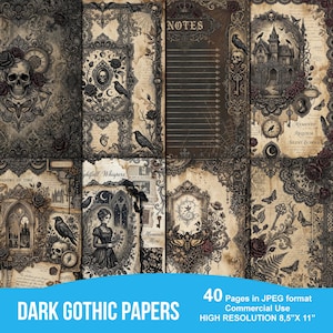 Puede incluir: Una colección de papeles góticos oscuros con marcos ornamentados, calaveras, cuervos y elementos florales. Los papeles presentan texturas vintage y escritura manuscrita. El texto "DARK GOTHIC PAPERS" se muestra en la parte inferior. Los papeles miden 21,6 x 27,9 cm.