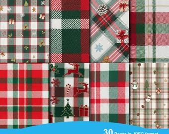 May include: A collection of eight Christmas tartan plaid patterns in red, green, and white. The patterns include various holiday motifs like snowflakes, gifts, reindeer, and Christmas trees. The text "CHRISTMAS TARTAN PLAID" is visible at the bottom.