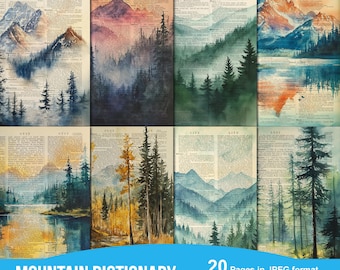 Set di stampe artistiche Mountain Dictionary Papers, stampa di un pino, poster di un pino, stampa di un paesaggio con rami, decorazione di montagna con arte di pino