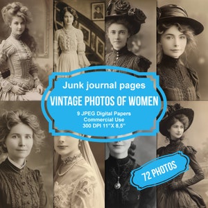 Vintage foto's van vrouwen, 70+ pc, efemere digitale junkdagboek, afdrukbare antieke foto's, plakboekkit, collageblad, Victoriaans portret