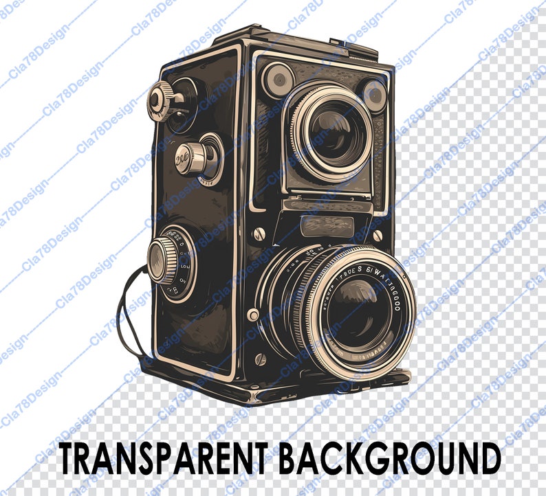 May include: A vintage-style illustration of a black and silver camera with a lens and a winding knob. The camera has a textured surface and a worn look.