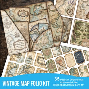 May include: A collection of vintage map folios with nautical charts, compasses, and illustrations of ships. The maps are in various shapes and sizes, with a distressed, aged appearance. The text "VINTAGE MAP FOLIO KIT" is displayed at the bottom. The image is 8.5" x 11".