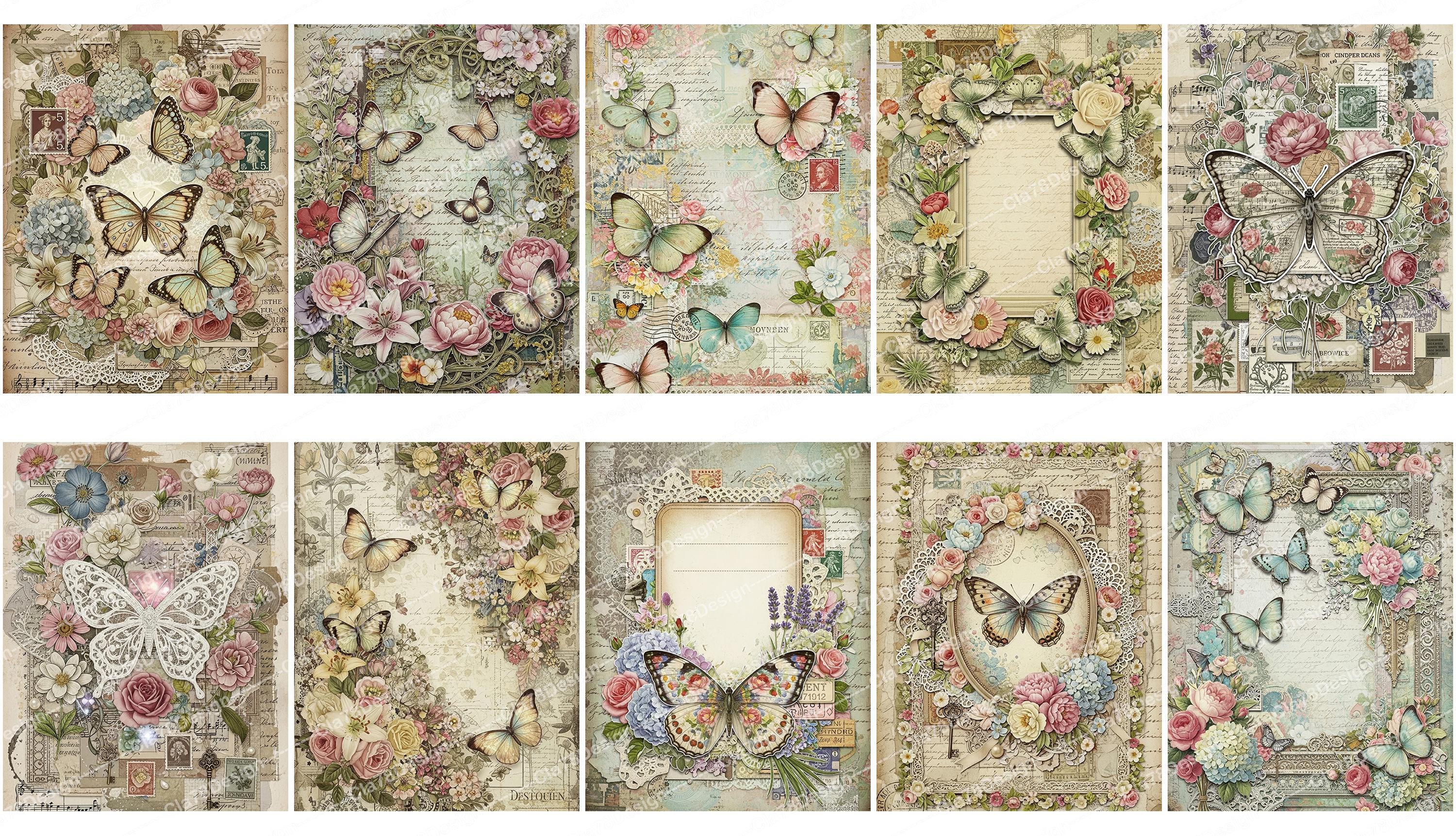 Vintage Butterfly Digital Paper, Shabby Chic Floral Pages, Junk Journal ...