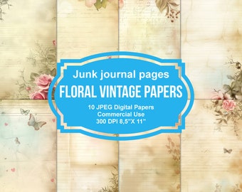 10 Floral Vintage Junk Journal Printable Pages, Junk Journal Kit, Scrapbook printable, Printable Paper, Digital Collage, Instant Download