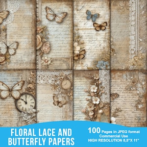 Può includere: Un collage di carte in stile vintage con motivi floreali, pizzo e farfalle. Le carte presentano scritte a mano, farfalle, fiori e bordi in pizzo nei toni del marrone, beige e crema. Il testo recita "FLORAL LACE AND BUTTERFLY PAPERS".
