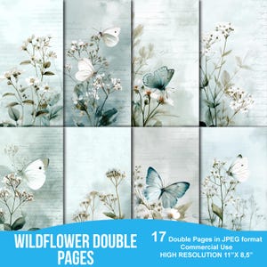 Doppie pagine con fiori di campo e farfalle, kit per diario spazzatura, carta per scrapbooking, foglio per collage digitale, primavera, download istantaneo, fogli a metà