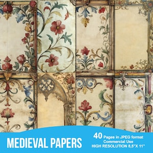 Pages de journal indésirable manuscrit enluminé médiéval vintage, papiers enluminés imprimables, téléchargement numérique, kit imprimable