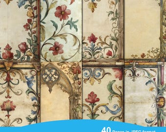 Vintage Medieval Illuminated Manuscript Junk Journal Pages, Printable Illuminated Papers, Digital Download, Printable Kit