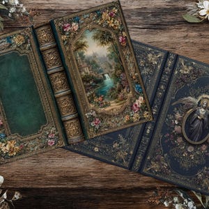 May include: Three antique-style books with ornate floral and gold detailing. One book features a landscape painting, another a green cover, and the third a portrait of an angel. The books are arranged on a wooden surface.