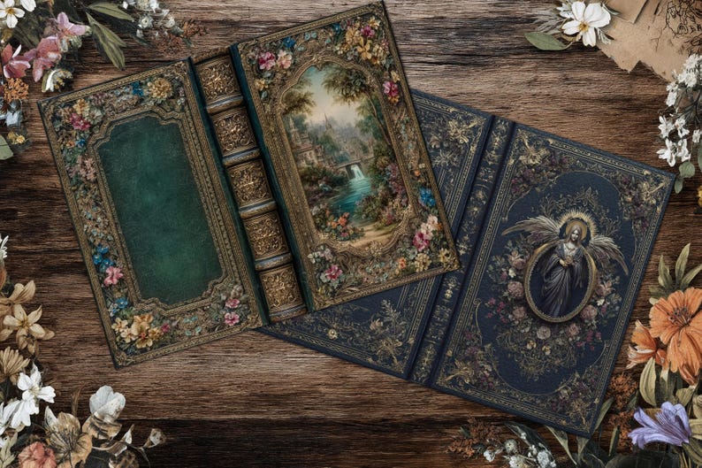 May include: Three antique-style books with ornate floral and gold detailing. One book features a landscape painting, another a green cover, and the third a portrait of an angel. The books are arranged on a wooden surface.