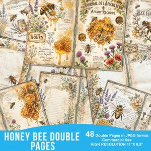 May include: A selection of vintage-style paper pages adorned with bee and honeycomb illustrations. The pages showcase floral and botanical designs, with text including "Pure Honey" and "Journal de l'Apiculteur". The image also includes the text "Honey Bee Double Pages".