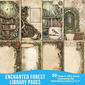 Op de afbeelding: Een verzameling digitale briefpapierpagina's met illustraties van bosbibliotheken, uilen, eekhoorns, vogels en botanische elementen. De ontwerpen bevatten perkamentachtige achtergronden, boekenplanken, stenen bogen en tekst zoals Whispering Roots Library.