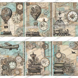 May include: A digital paper pack with 10 different designs featuring vintage steampunk elements, including clocks, gears, trains, hot air balloons, and airplanes. The designs are in shades of blue, brown, and beige.