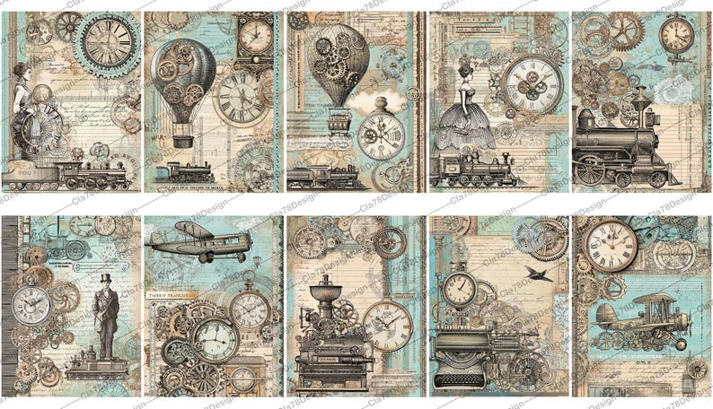 May include: A digital paper pack with 10 different designs featuring vintage steampunk elements, including clocks, gears, trains, hot air balloons, and airplanes. The designs are in shades of blue, brown, and beige.