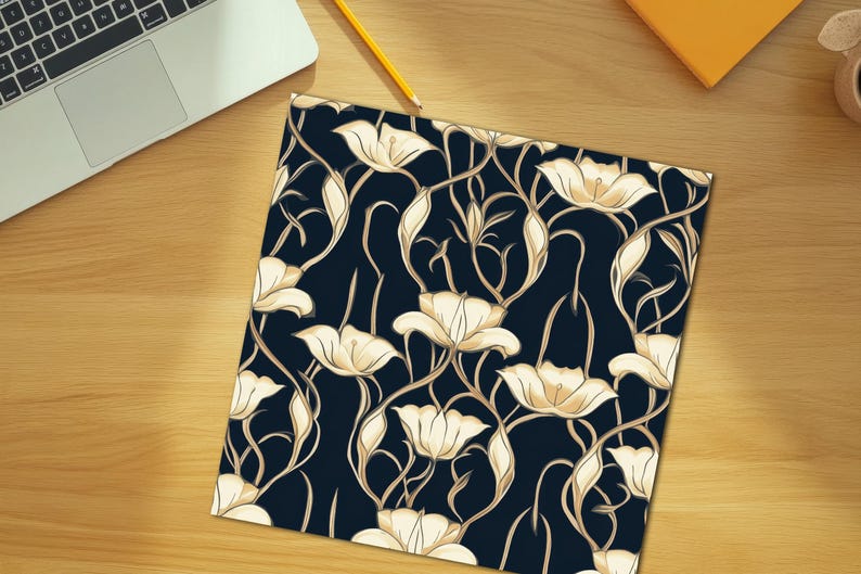 May include: A seamless pattern featuring white flowers with gold outlines on a dark blue background. The flowers are stylized and have a vintage aesthetic.