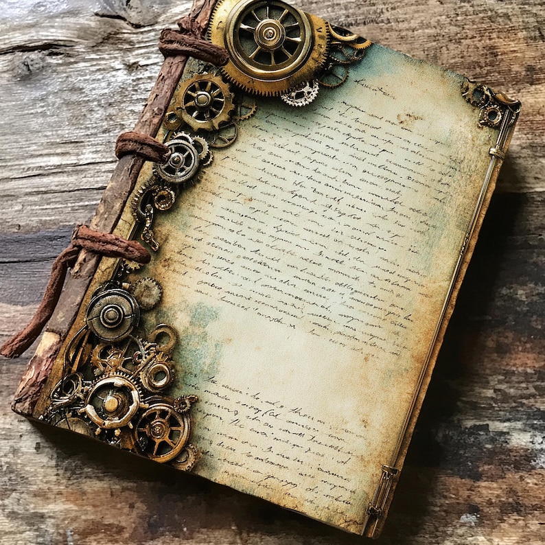 K&ouml;nnte beinhalten: Ein Vintage-Journal mit braunem Lederbezug und daran befestigten Metallr&auml;dern und Zahnr&auml;dern. Das Journal hat einen abgenutzten, gealterten Look und ist mit handschriftlichem Text gef&uuml;llt.