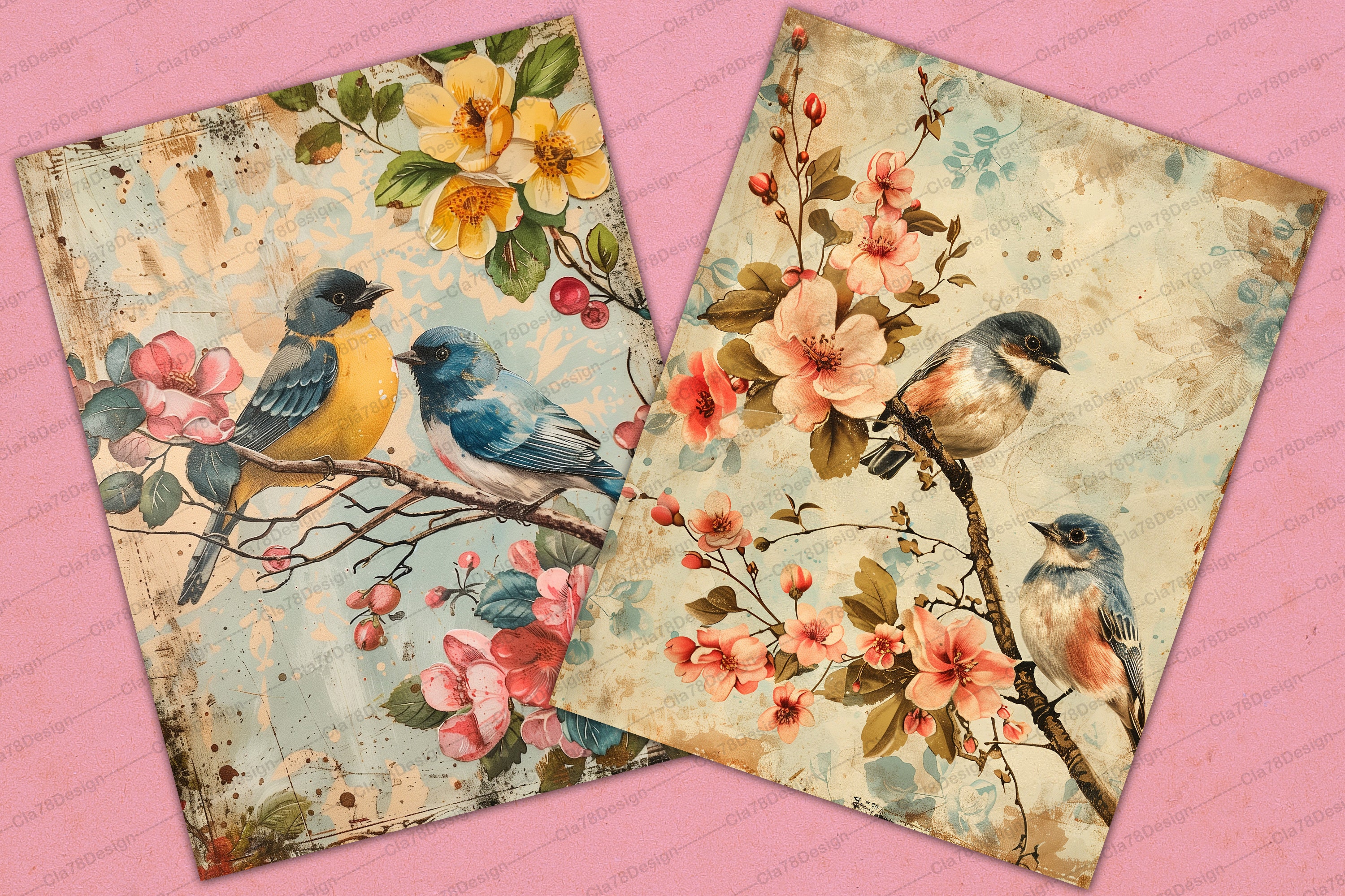 25 Vintage Bird Junk Journal Pages, Digital Floral Scrapbook Paper ...
