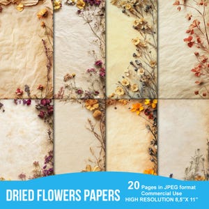 Flores secas sobre papel imprimible para diario basura, material para álbumes de recortes, kit de impresión digital