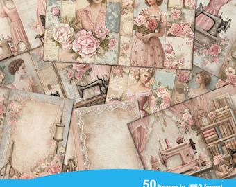 Couture d'atelier, Pages de carnet numérique pour scrapbooking, Kit de scrapbooking, Impression couturière, Feuille de dentelle pour collage, Éphémères pour machine à coudre
