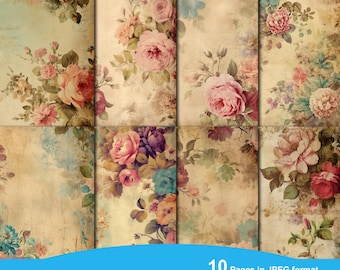 May include: Ten digital papers featuring vintage floral patterns in shades of pink, blue, green, and yellow on a beige background. The papers are high resolution and measure 8.5 inches by 11 inches.