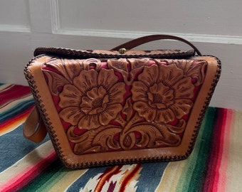 Vintage 50s Tan & Red Tooled Leather Box Purse