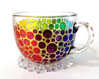 Coffee Mug Rainbow Mug Modern Mug Colorful Large Glass Cup Multi Coloured Bubbles Mug Sun Catcher Painted Glass Cup Pride Gift