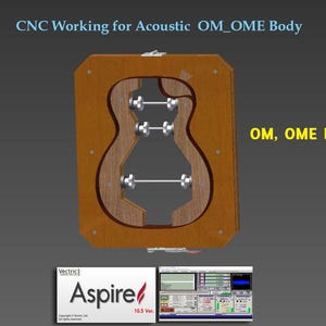 May include: A CNC-worked acoustic guitar body in a wooden frame, with the text "CNC Working for Acoustic OM_OME Body" and "OM, OME BODY". The design includes metal hardware and is likely for a musical instrument.