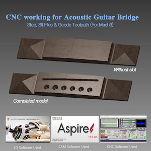 Op de afbeelding: Afbeelding van twee bruggen voor akoestische gitaren, één met een sleuf en één zonder. De bruggen zijn gemaakt van hout en metaal. Bovenin staat de tekst "CNC working for Acoustic Guitar Bridge". Daaronder logo's voor 3D-, CAM- en CNC-software.