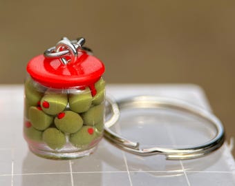 Olive Jar Keyring: Handmade polymer clay food keychain