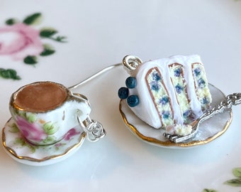Pendientes de té y pastel: joyería de comida de arcilla polimérica con plata de ley