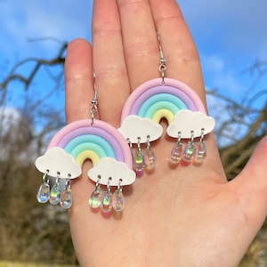 Pastel Rainbow Cloud Earrings: Polymer Clay Statement Jewellery