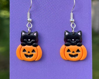 かぼちゃ猫のイヤリング、かわいいハロウィンイヤリング、猫の 