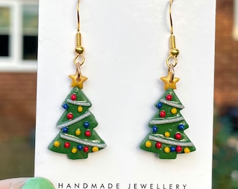 Polymer Clay Christmas Tree Earrings: Sterling Silver Hooks