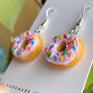 Pink Sprinkle Donut Earrings, Unique Earrings, Cute gift, Unusual gifts, Handmade jewellery for women, Miniature food, fun little gifts