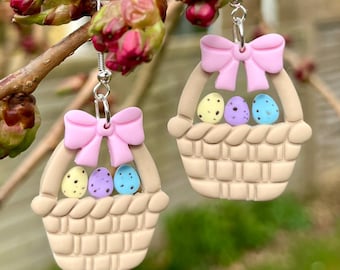 Polymer Clay Easter Basket Earrings: Mini Egg Basket with Bow