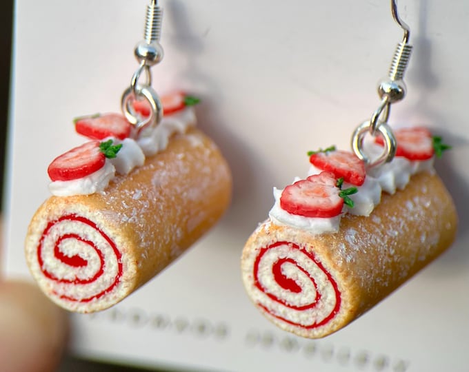 Strawberry Swiss Roll Earrings: Handmade Polymer Clay Food Jewelry