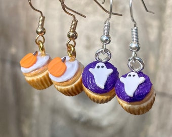 Halloween Cupcake Earrings: Polymer Clay Ghost & Pumpkin Jewelry