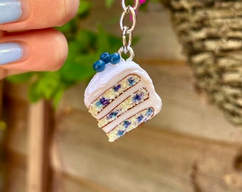 Polymer Clay Blueberry Cake Keyring: Food Jewelry Charm