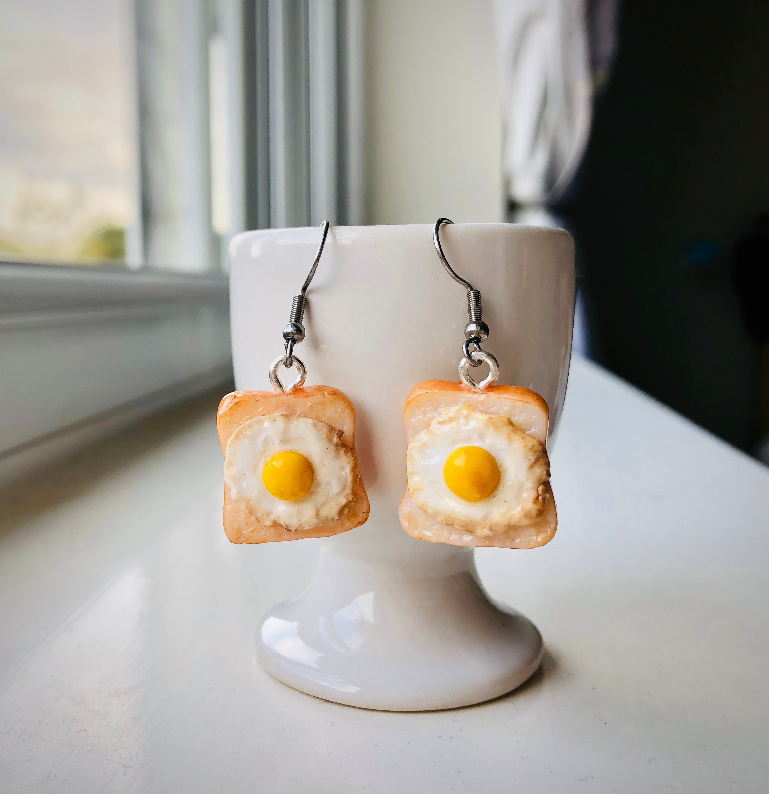 Fried Egg on Toast Earrings: Sterling Silver Hooks, Food Jewelry 