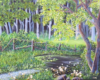 Holzmalerei Natur Teich Wald Acryl