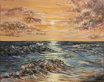 朝の太陽 - オリジナルのガッシュの絵画、海の景色、海景の絵画、海に