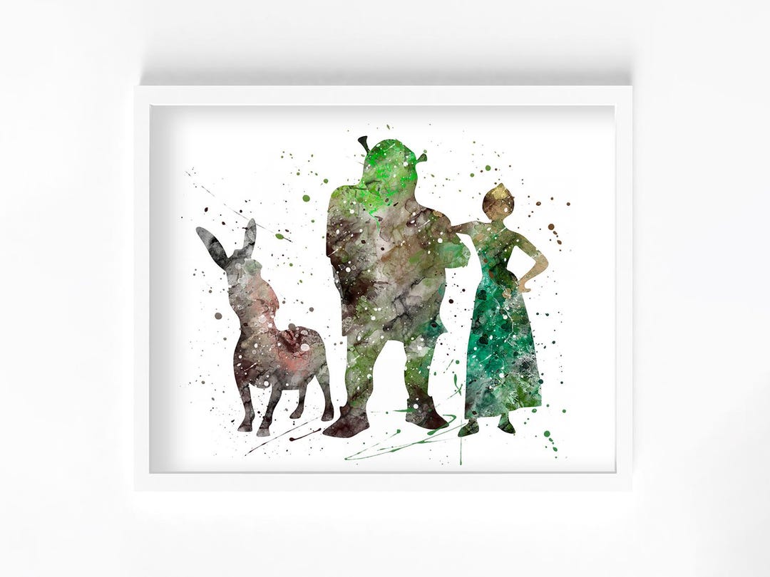 Shrek, Donkey, and Fiona Watercolor Print, Disney Digital Painting ...