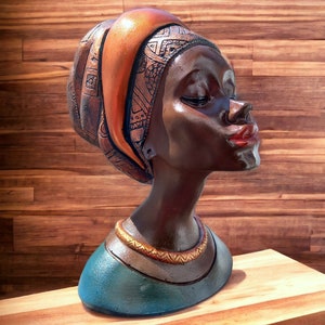 Colorful and beautiful African woman bust statue. African female figurine.African woman statue.Bohemian style decor. Shelf decor bust