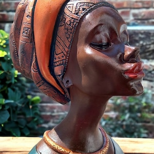 Colorful and beautiful African woman bust statue. African female figurine.African woman statue.Bohemian style decor. Shelf decor bust