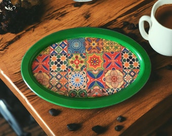 Wooden Green oval serving tray, for coffee lover, decorative oval tray, colourful tray, tea tray, houswarming gift, friends gift,unique gift