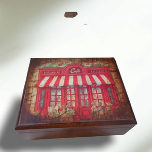 Red wooden tea box, keepsake box,tea caddy, 6 good size compartsments, boss gift, coworker gift ideas, christmas gift, decorative tea box